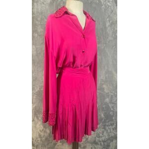VTG 80s 90s Hot Pink Magenta Silk Blouse Tennis Skirt set Beaded feminine S